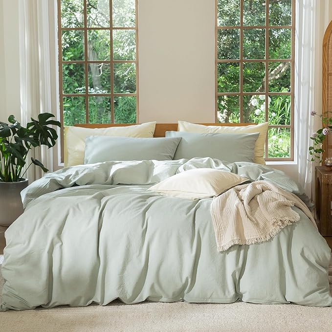 MooMee Bedding Duvet Cover Set 100% Washed Cotton Linen Like Textured Breathable Durable Soft Comfy (Heathered Sage Green, Queen 90"x90")