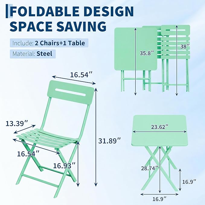 GarveeTech 3-Piece Folding Bistro Set, Heavy Duty Outdoor Patio Furniture with 2 Chairs & 1 Table, Weather-Resistant Steel Frame, No Assembly Required for Garden, Yard, Balcony,Green