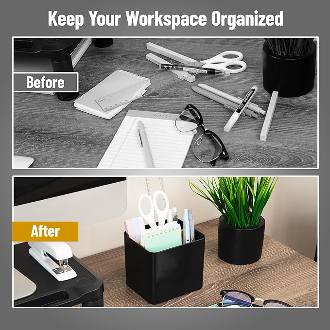 Mind Reader 2-Compartment Desktop Organizer, Removable Wood Divider, Non-Slip Base, Plastic and Wood, Black