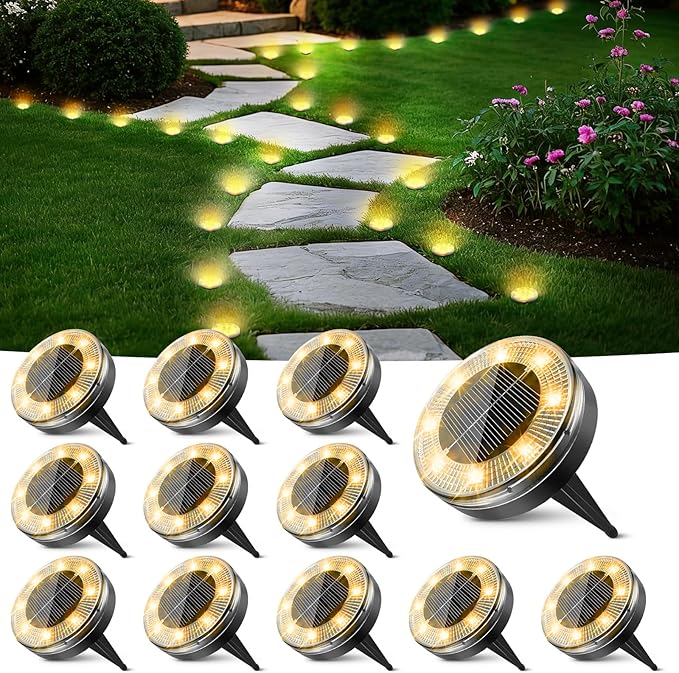 Peasur Mini Solar Ground Lights, 12 Pack Flat Solar Disc Lights Outdoor Waterproof, 2.3 Inch Small Solar Garden Lights Landscape Lighting for Outside Pathway Garden Yard Lawn Walkway,Warm White