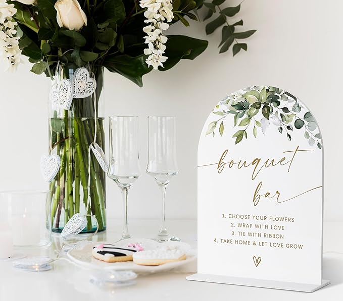 Bouquet Bar Sign, Greenery Gold Bridal Shower Decorations, Wedding Signs for Ceremony and Reception, Bouquet Bar Supplies, Engagement Decor, Acrylic Decor, Bachelorette Party Favors-18