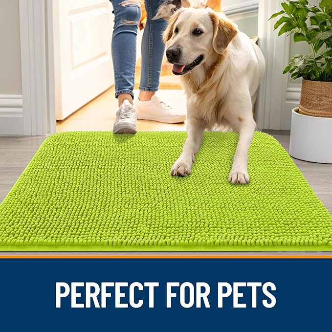 OLANLY Dog Door Mat for Muddy Paws 36x24, Absorbs Moisture and Dirt, Absorbent Non-Slip Washable Doormat, Quick Dry Chenille Mud Mat, Entry Indoor Entryway Carpet for Inside Floor, Bright Green