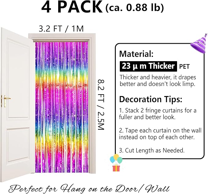 Thicken Rainbow Streamers 4 Pack 3.2 x 8.2 FT, Rainbow Birthday Decrorations Tinsel Backdrop Curtains, Foil Fringe Photo Backdrop for Birthday Decorations, 80s 90s Party Decorations