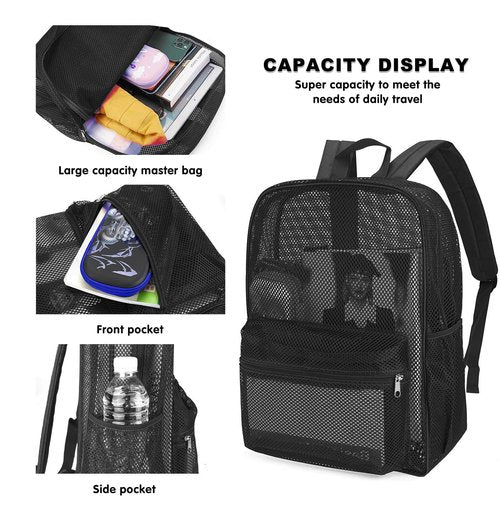 MCWTH Heavy Duty Mesh Backpack, See Through College Student Mesh Bookbag (Black)