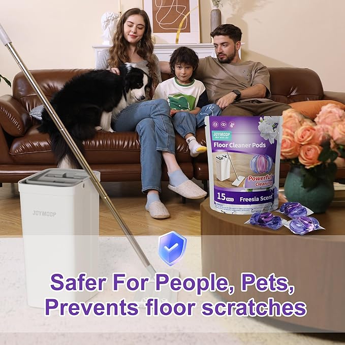 JOYMOOP Complete Floor Cleaning Bundle: Mop and Bucket Set with Wringer with 3 Washable Microfiber Pads and 15 Freesia Scented Cleaner Pods – Hands-Free Wet/Dry Floor Cleaning System