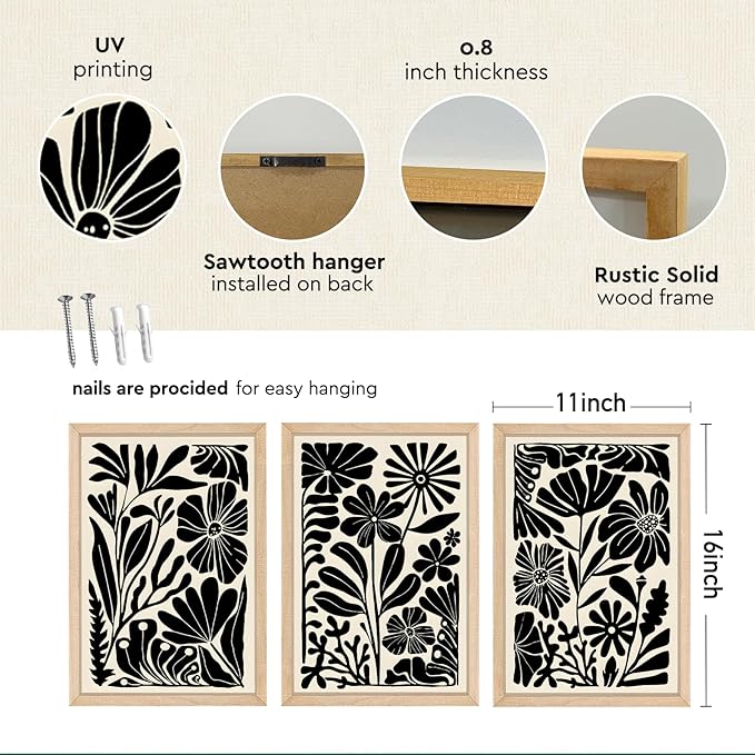 YWJKWLGS Abstract Floral Wall Art Set of 3, 11x16 Inch Black Boho Flower Prints