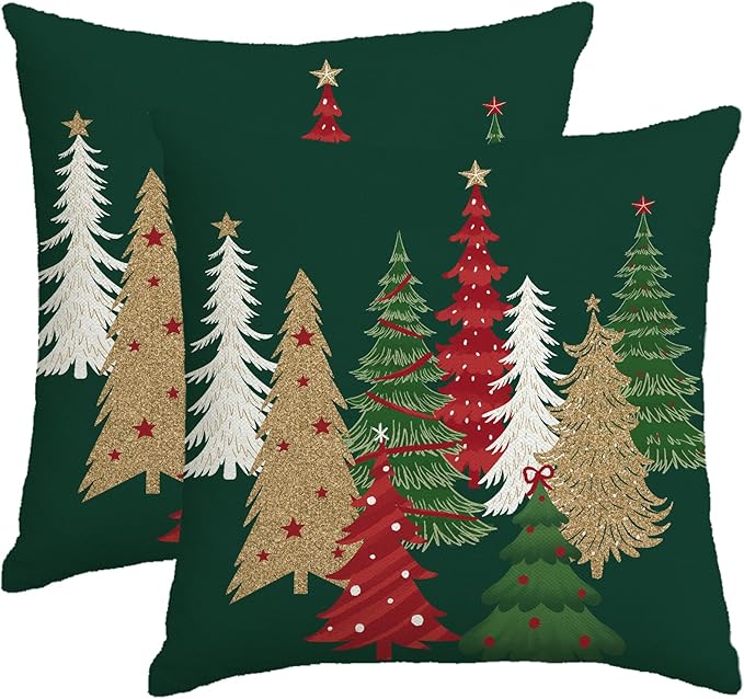 Christmas Pillow Covers 18x18 Inch Set of 2 Green Decorative Christmas Tree Throw Pillows Linen Winter Holiday Decor for Home Sofa Couch Bed Chair