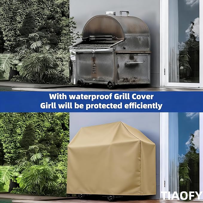 BBQ Gas Grill Cover for Outdoor, Anti-UV, Rip-Proof, 600D Oxford Fade Resistant Material, Barbecue Cover with Hook and Loop Straps & Adjustable Hem Drawstring (Beige, 65”x24”x44”)