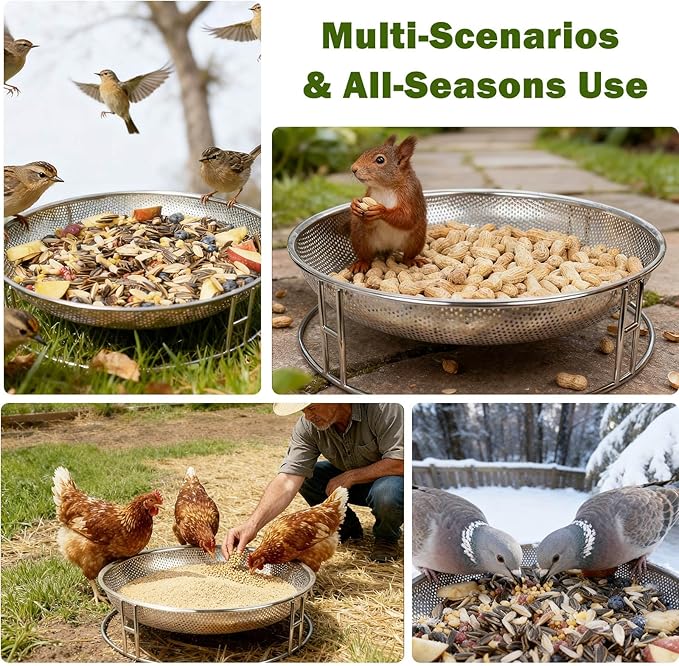 13-Inch Ground Feeding Platform for Birds, Squirrels, Ducks, Chicken, Stainless Steel Bird Feeders Combination with Additional Hanging Mesh Tray, Attracting Small Creatures for Backyard, Patio