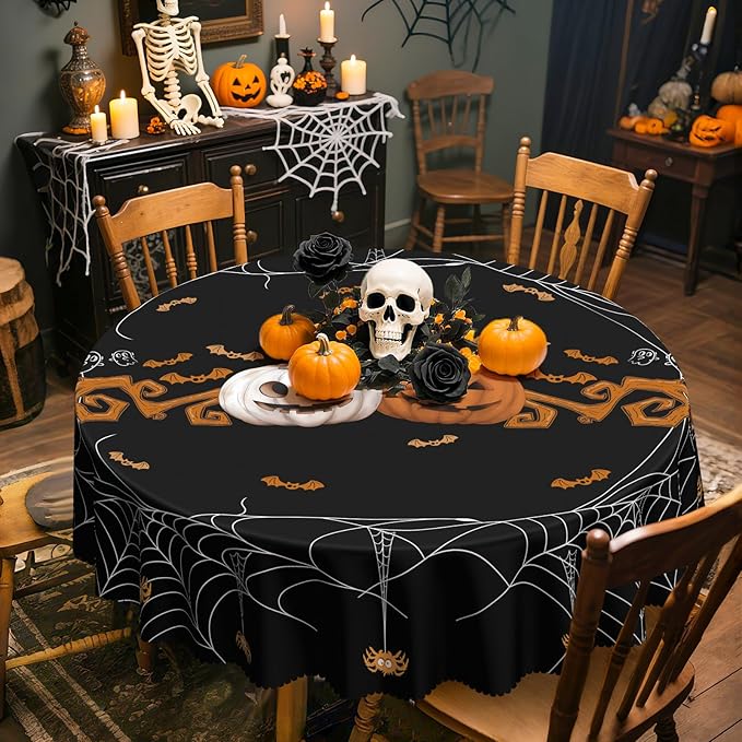 Eikione Round Halloween 60In Tablecloth, Spider Haunted House Decorative Table Cloth, Waterproof and Washable Fabric Table Cover for Party Kitchen Dining Room