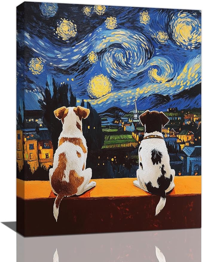 Dog Wall Art, Starry Night Dogs Pictures Wall Decor, Animal Canvas Prints Painting, Framed Artwork for Bathroom Living Room Bedroom Office Dining Room 20"X16"