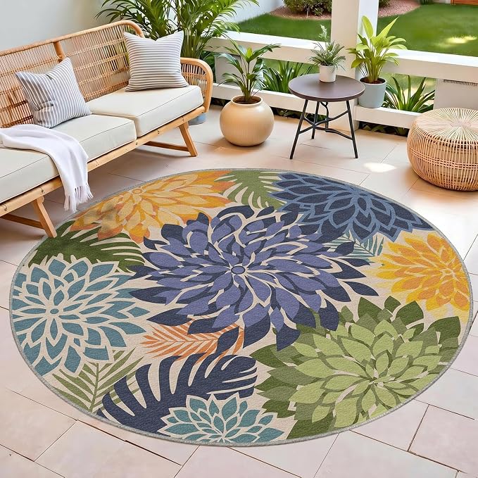 Colorful 6x6 Outdoor Area Rug Washable Multicolored Patio Rug Tropical Botanical Floral Chenille Waterproof Outdoor Carpet for Living Room, Deck, Backyard, Porch, Green