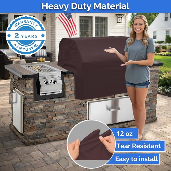 Covers & All Built-in Grill Cover for Outdoor Grill – Heavy Duty 12 oz Waterproof Built-in BBQ Grill Cover, PVC-Coated Polyester with Elastic Hem for Snug Fit (36 x 26 x 24 inches, Coffee)