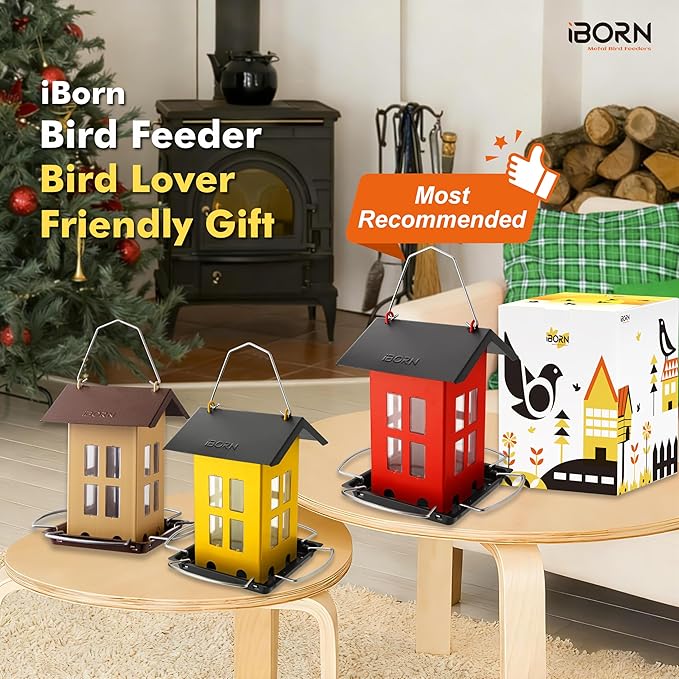 iBorn Bird Feeder House, Metal Bird Feeders for Outdoors Hanging,Double-Sided Metal Hanger & Weatherproof, Easy to Clean & Refill, 2.2 Lbs Capacity, Red