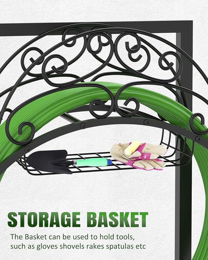 Breeze Touch Garden Hose Holder Freestanding with Storage Basket, 4-Spike Stable Water Hose Holder for Outside, Heavy Duty Metal Hose Stand Holds 150FT Hose, Easy Install Hose Organizer for Yard Lawn