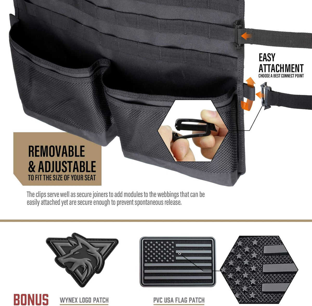 WYNEX Car Seat Organizer - Molle Backseat Cover with Visual Pockets & Sling Rack | Universal Fit for Trucks & SUVs