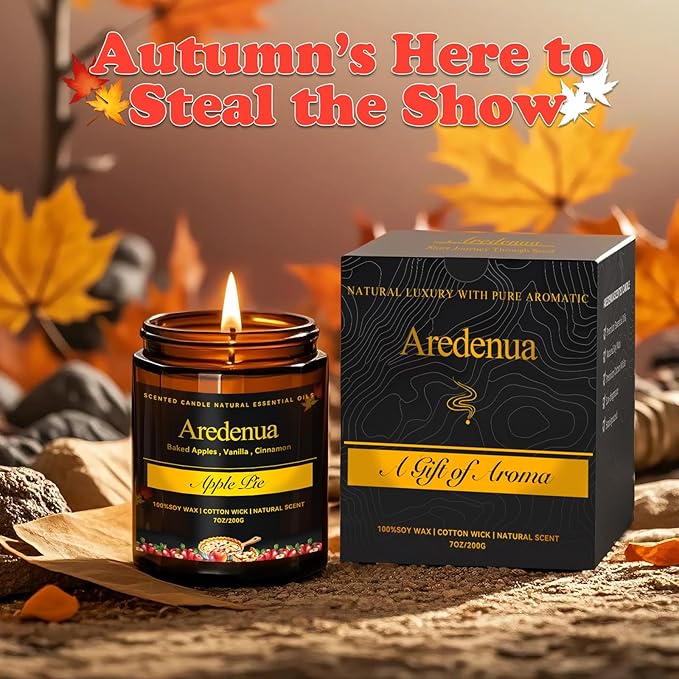 Fall Candle - Apple Pie Candle | Autumn Scented Candles for Home, 7oz Apple Soy Candles for Home Scented, 50 Hours Burn Time, Harvest Holiday/Halloween/Thanksgiving Fall Gifts for Women Men