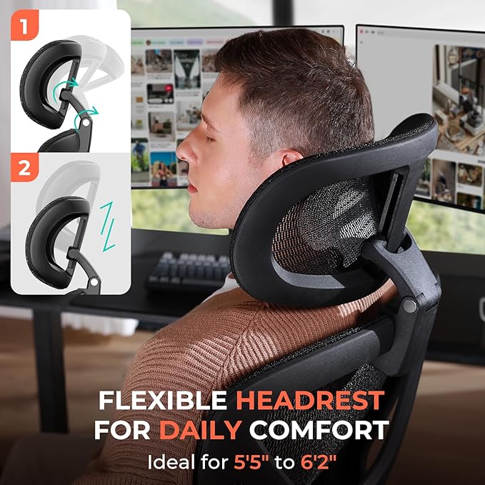 CAPOT Ergonomic Mesh Office Chair, Adjustable Lumbar High Back Desk Chair 400lbs, 4D Flip-up Arms, 3-Level Tilt Backrest, 3D Headrest, PU Wheels, Swivel Rolling Computer Seating for Long Desk Work