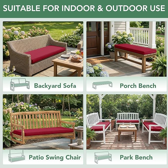 Summsun Outdoor Bench Cushion: Waterproof and Fade Resistant Patio Furniture Cushions - Non-Slip Bench Pad Cushion with Removable Cover for Garden Swing Porch Sofa Settee, 45 x 18 Inch, Burgundy