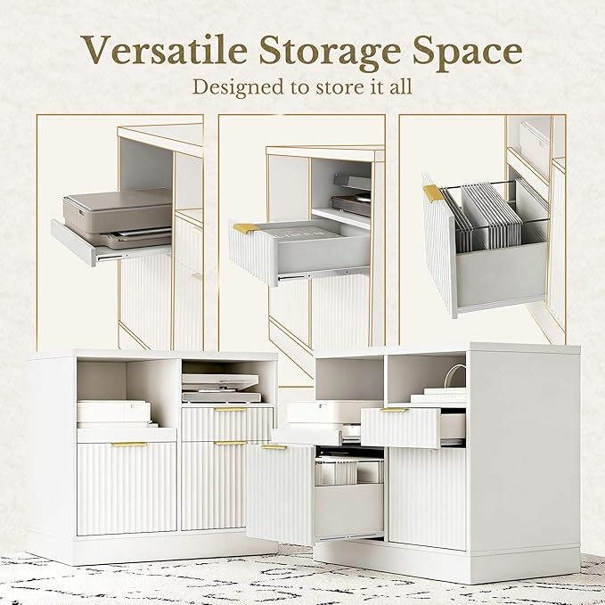3 Drawer File Cabinet, Fluted Wood Lateral Filing Cabinet with Charging Station for Home Office, Fits for A4/Letter-Sized Files, Printer Stand with Open Storage Shelves, White