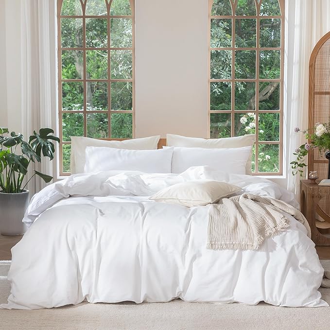 MooMee Bedding Duvet Cover Set 100% Washed Cotton Linen Like Textured Breathable Durable Soft Comfy (Solid Bright White, Super King 108"x98")