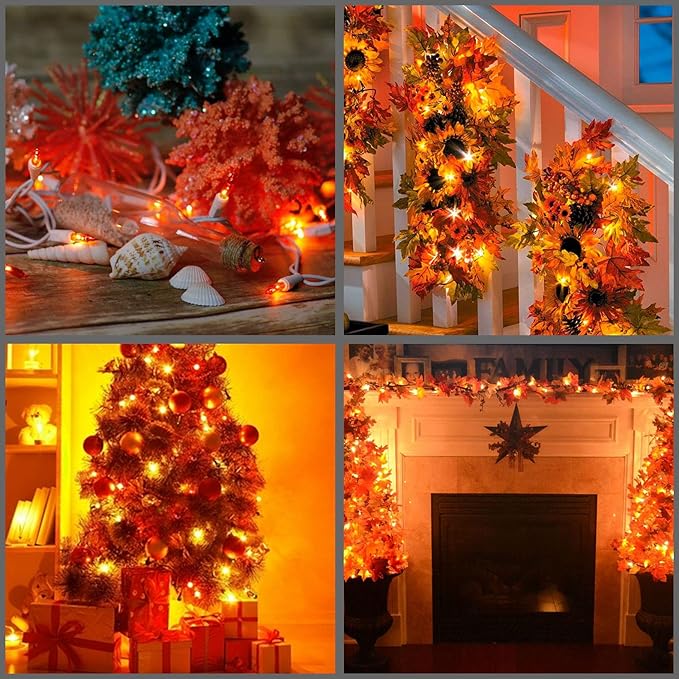 YULETIME 200 Orange Christmas Lights, Pack of 2 Strands of 21 ft 100 Count UL Certified Incandescent Mini String Light (Orange - White Wire)