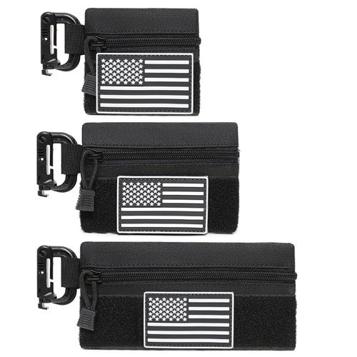 3 Pieces MINI Tactical Tool Zipper Pouch with US Patches & D-Ring Clips - Expansion Pouch,Bag Insert EDC Organizer,Utility Storage Accessories with Hook Fasteners for Vest Backpack Bag Hook and Loop