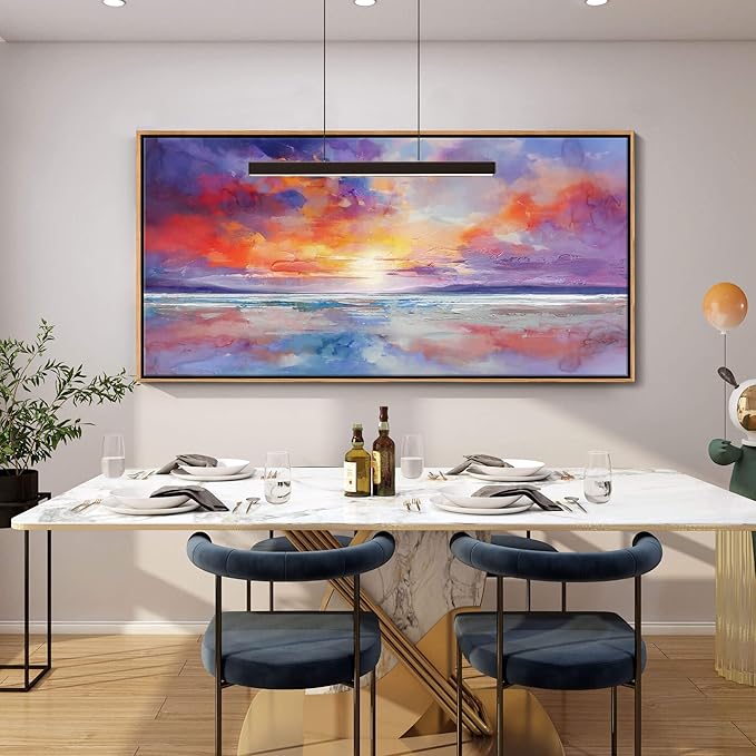 DUNHUANG ART Vibrant Orange Sunset Wall Art - Colorful Ocean Abstract Beach Decor for Living Room & Bathroom - Large Framed Coastal Seascape Picture - Ocean Sunrise Poster for Home Decoration 20"x40"