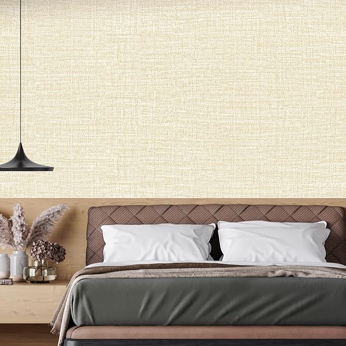 Beige Grasscloth Peel and Stick Wallpaper 17.3"x1200" Faux Linen Textured