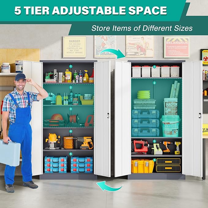 SISESOL Storage Cabinet with Doors and Shelves,71" Metal Storage Cabinet with Lock Door Adjustable Shelf, Steel Lockers for Office, Home,School,Kitchen,Garage Tool Utility Cabinet