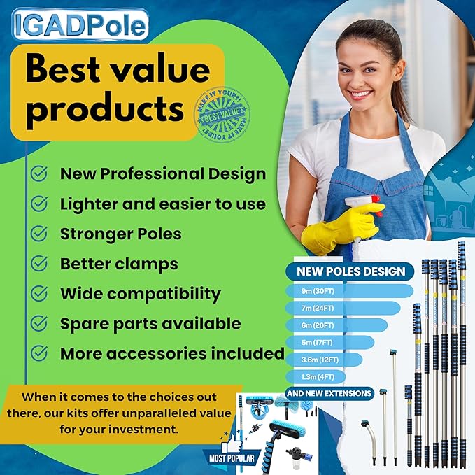 IGADPole 20 FT Water-Fed Washing Kit with Soap-Dispenser, Brush, 10″ Squeegee & Cobweb Duster for Windows, Gutters, Solar Panels & Exterior Walls