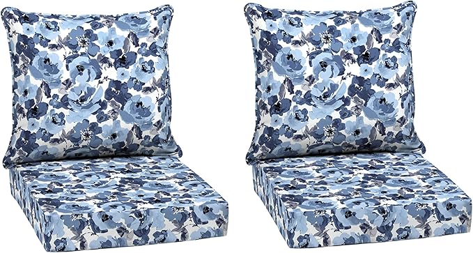 Arden Outdoor Deep Seat Cushion Set (2-Pack), 24 in x 24 in, Weather-Proof, Rain-Proof, Fade Resistant Patio Cushion for Chair, Sofa, and Couch Blue Garden Floral