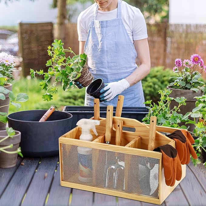 Teenyyou Garden Tool Organizer Wooden Garden Caddy with 4 Compartments and Handle Portable Gardening Tool Basket Nesting Box Practical Gardener Gift for Gardening Lovers