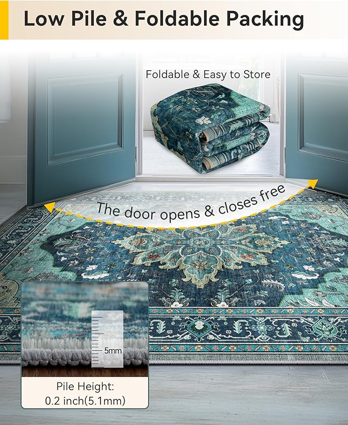 Area Rugs 2'6''x12' Runner Rug Non Slip Washable for Kitchen Hallway Bedroom Beside Laundry Room Bathroom Rug, Floor Carpet, Teal Green Lake Blue Turquoise