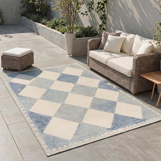 GENIMO Outdoor & Indoor Area Rug 5'x7', Waterproof, Non-Shedding, Easy Cleaning, Diamond Check Mat for Patio, Entryway, Porch, Living Room, Bedroom, Outside Carpet, Dusty Blue