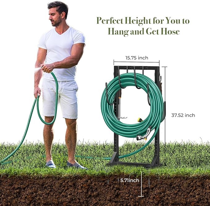 Winpull Garden Hose Holder, Metal Freestanding Hose Stand with 4 Spikes, Holds up to 150FT Hose, Sturdy Hose Reel Alternative, Heavy Duty Hose Storage for Outside Yard Lawn
