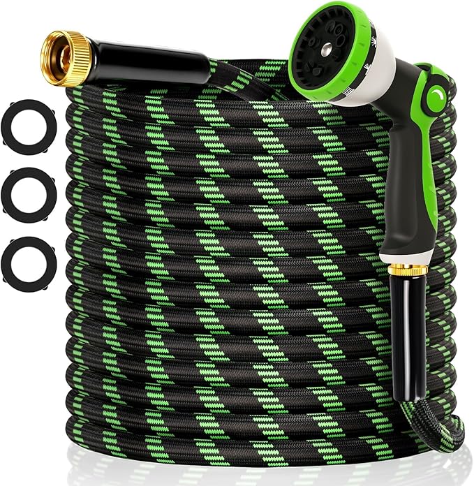 Garden Hose 75 ft Flexible Water Hose Non-Expanding Lightweight Kink-Free Hoses Durable Leak-Proof High Pressure Pipe with 3/4” Brass Fitting 10 Function Nozzle for Outdoor Yard Lawn Car Wash