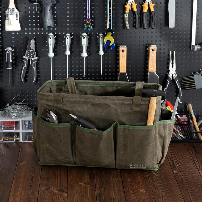 Tool Bag with Metal Frame, Waxed Canvas Wide Open Top Tool Tote Bag with 10 External Pockets, 15.5 x 7.5 x 10.5 Inches (ArmyGreen)