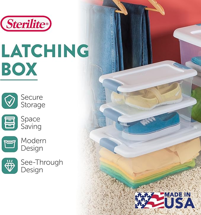Sterilite 24-Pack Latching Box, Under Bed Storage Bins with Lids, Clear Plastic, 6 Quart - Heavy-Duty Organizing Containers for Closet, Bathroom, and Office