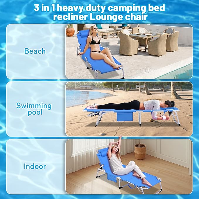 Outdoor Chaise Lounge with Detachable Pillow, Reclining Folding Chair with 5-Position Adjustable Back, Portable Tanning Chair For Beach, Pool, Lawn, Breathable Mesh Seat, No Assembly (Blue 4)