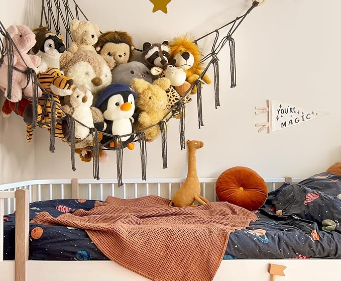 Stuffed Animals Hammock Net Corner-Hanging Stuff Animal Toy Storage Organizer for Plush Plushie Room Bedroom Nursery Decor Toy Storage Organization