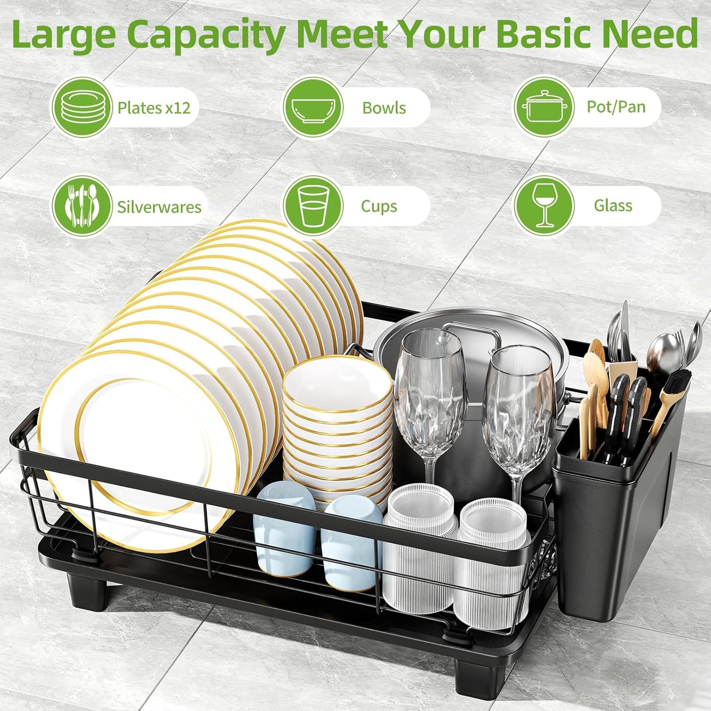 Dish Drying Rack with Drainboard for Kitchen Counter, Large Capacity Durable Rustproof Stainless Steel Dish Drainer Rack with Removable Flatware Caddy -Black