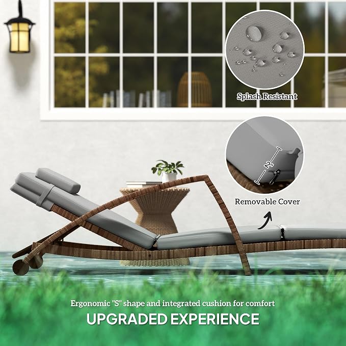 Outsunny Wicker Chaise Lounge Chair Outdoor Set of 2, 5-Position Adjustable Reclining Pool Lounge Chairs with Wheels, Rattan Outdoor Lounger with Cushion, Armrests for Poolside Beach Backyard, Gray