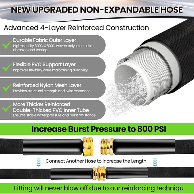 100FT Non-Expandable Garden Hose Lightweight Flexible Water Hose With Sprayer Nozzle High Pressure Kink Resistant & Leakproof Durable Portable For Yard Garden Lawn