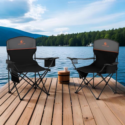 ALPHA CAMP Heavy Duty Camping Chair - 350LBS Capacity, Portable with Cooler Bag & Cup Holder | Black, 2PC Set