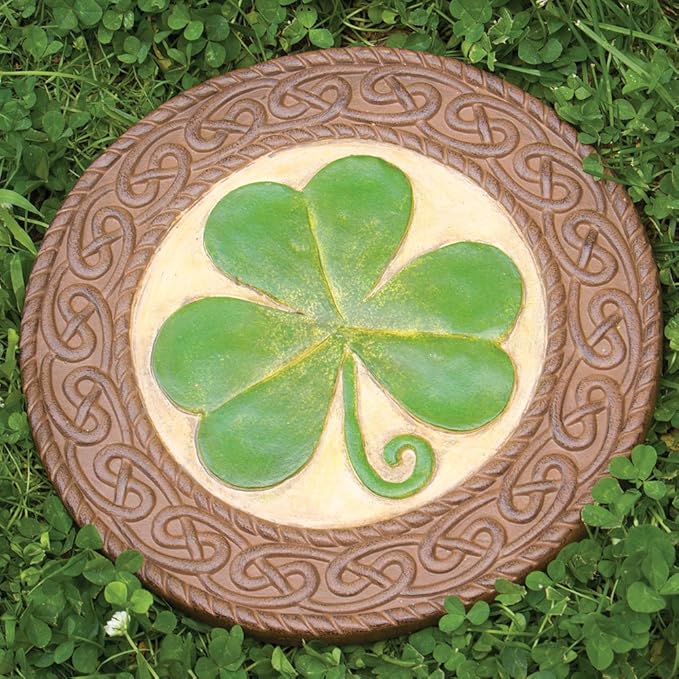Bits and Pieces - Glow in the Dark Shamrock Garden Stone - Irish Garden Decor Yard Art Accent - 10" x 10" Round Durable Polyresin Stepping Pavers for Landscaping and Outdoor Pathways