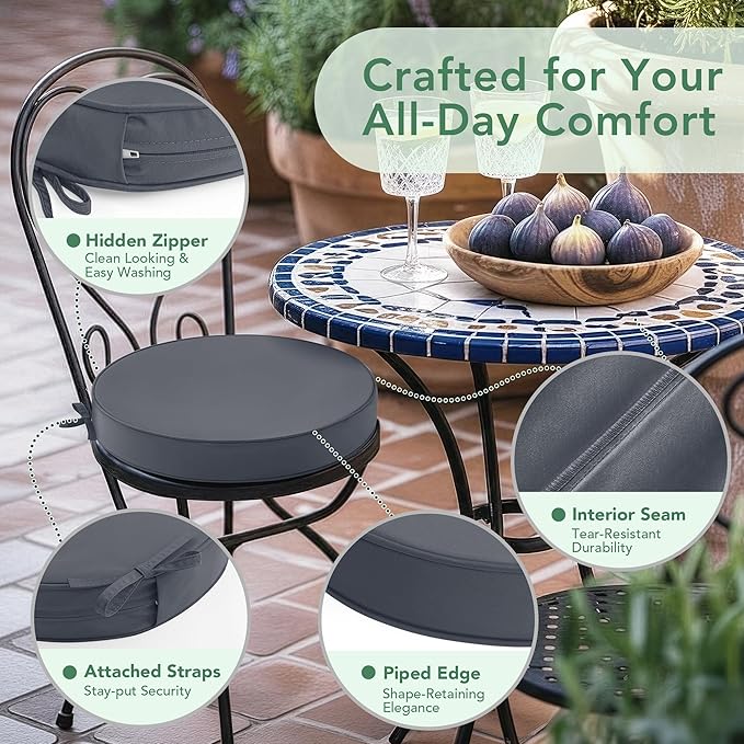 Summsun Outdoor Bistro Chair Cushions Set of 4, 15" D x 3" H Round Chair Cushions Waterproof and Fade Resistant Chair Cushion Pads with Non-Slip Ties and Removable Covers for Garden, Dark Grey
