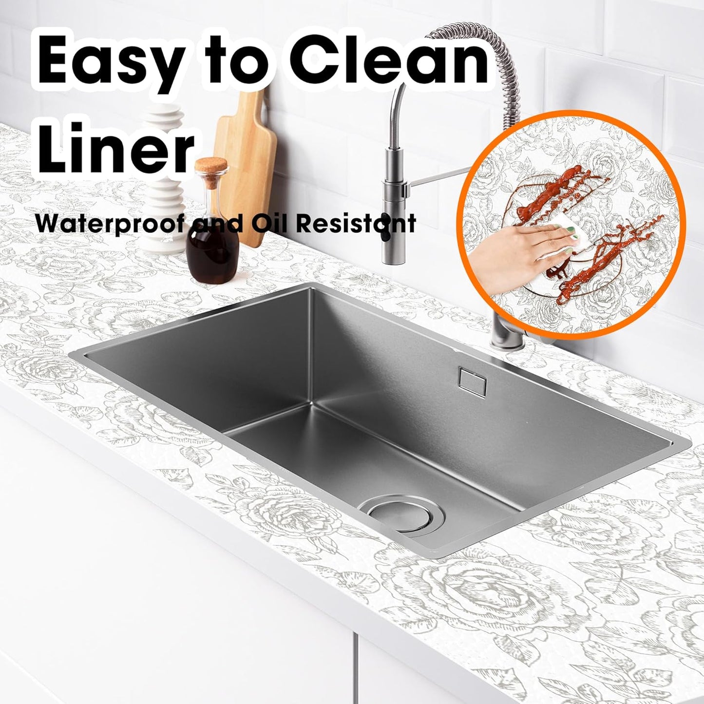 Drawer and Shelf Liner for Kitchen Cabinets Non-Adhesive, Non-Slip Cabinet Liner Shelf Paper Strong Grip Waterproof Easy to Clean for Kitchen Shelves Cupboard, Flower,23.6IN X 30FT