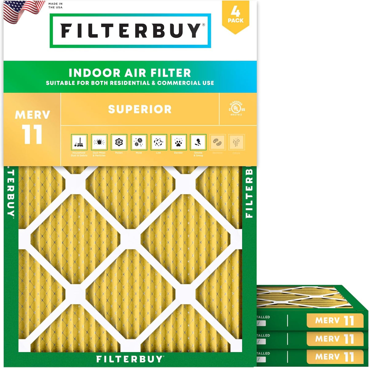 Filterbuy 8x14x1 Air Filter MERV 11 (MPR 1200) Allergen Defense Replacement (4-Pack), Electrostatic Pleated HVAC AC Furnace Filters, Made in USA (Actual Size: 7.50 x 13.50 x 0.75)