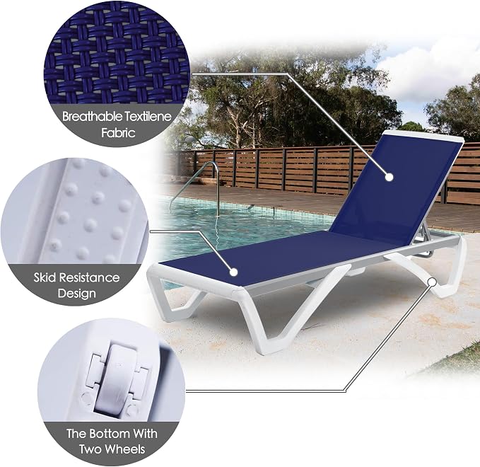 Kozyard Outdoor Chaise Lounge Chair, Fully Flat Adjustable Patio Lounger with Aluminum Frame & Resin Legs, Textilene Fabric for Poolside, Backyard & Beach (Navy Blue)